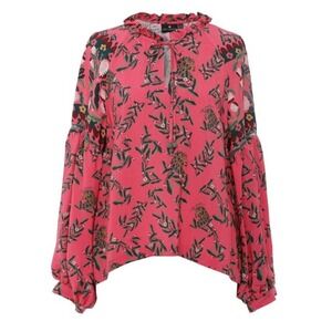 New $140 Emily Lovelock emma Signed Pink Floral Leopard Top Women's S 4 6
